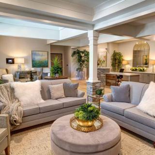 A spacious and well-decorated living room with gray sofas, a central coffee table, and indoor plants.