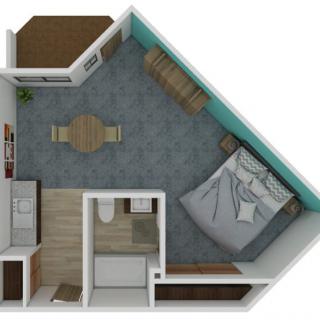 3D floor plan of a compact apartment featuring a bedroom, kitchen, and living area.