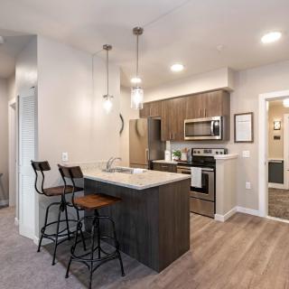A modern kitchen with sleek appliances, an island, and stylish pendant lighting.