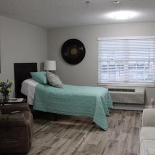 A minimalist bedroom with a single bed, bedside table, and window blinds.