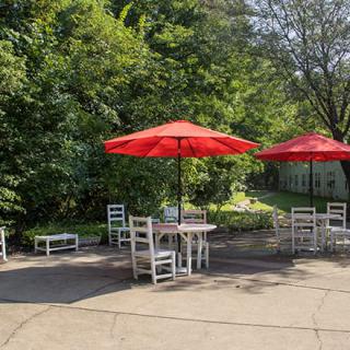 A sunny outdoor patio area with red umbrellas, surrounded by greenery.