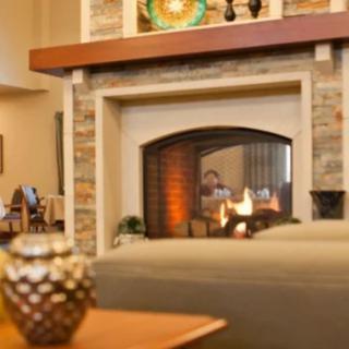 A cozy living room with a lit fireplace and elegant decor.
