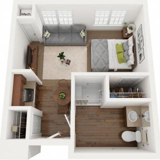 A 3D floor plan of a one-bedroom apartment featuring a living area, kitchen, bathroom, and bedroom.