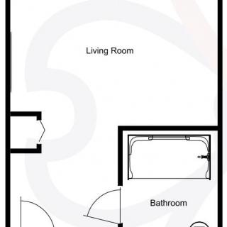 A simple floor plan showing a living room and bathroom.