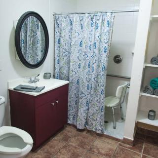 A well-organized bathroom featuring a sink with an oval mirror, patterned shower curtain, and shelving for storage.