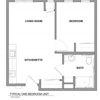 Floor plan of a typical one-bedroom apartment featuring a living room, kitchenette, and bathroom.