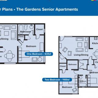 Floor plans for The Gardens Senior Apartments, featuring one-bedroom and two-bedroom layouts.
