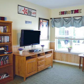A cozy living room featuring a television on a wooden stand, bookshelves filled with DVDs and books, and a large window letting in natural light with decorative curtains.