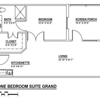 Floor plan of a one-bedroom suite featuring a bedroom, living area, kitchenette, bath, closet, and screen porch.