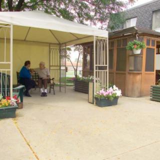 Two people sitting and conversing under a gazebo in a garden area.