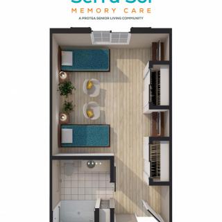 A detailed floor plan of a memory care room featuring two twin beds and seating area.
