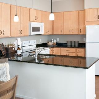Modern kitchen with black countertops and wood cabinets.