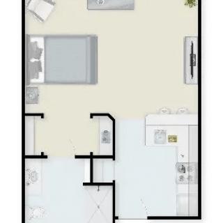 A floor plan of a one-bedroom apartment featuring a bedroom, living area, kitchen, and bathroom.