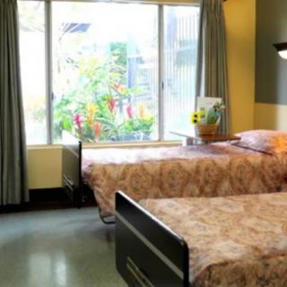 A hospital room with two beds and a window view of flowers.