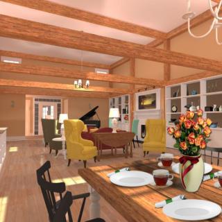 A cozy open-plan living and dining area featuring wooden beams, elegant furniture, and a grand piano.