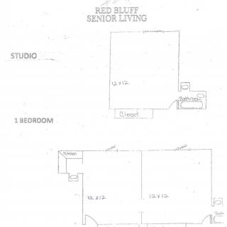 Floor plans for studio and one-bedroom apartments in a senior living facility.