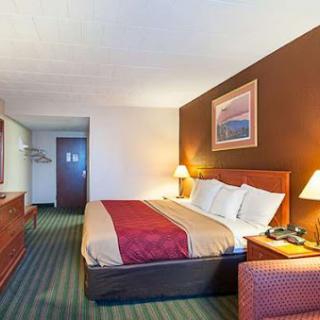A cozy hotel room featuring a comfortable bed and inviting decor.