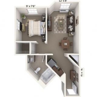 A top-view layout of a one-bedroom, one-bathroom apartment with a living room, kitchen, and dining area.
