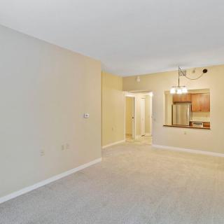 Empty living room with view into the kitchen area, featuring neutral colors and a carpeted floor.