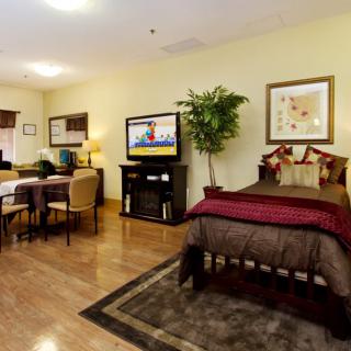 A cozy bedroom with an adjoining living area, featuring a bed, TV, and stylish decor.