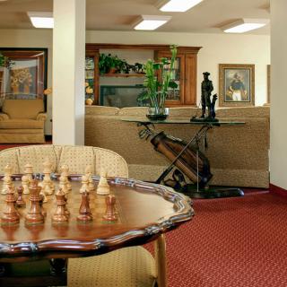 A cozy living room with a chess set on a table, surrounded by elegant furniture and decor.