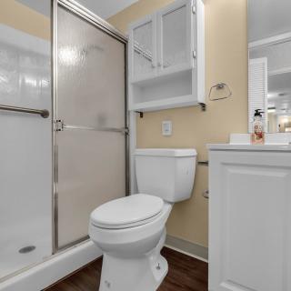 A modern bathroom with a shower, toilet, and sink.