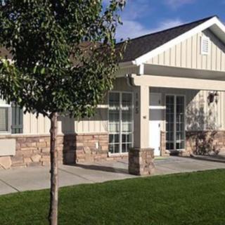 A modern suburban house with a neatly maintained lawn and tree.