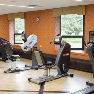A spacious gym room equipped with modern cardio machines.