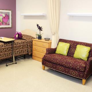 A well-furnished hospital patient room with a bed, sofa, and decorative touches.