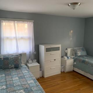 A cozy bedroom with two twin beds, a dresser, and soft blue walls.