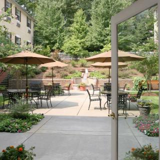 A serene patio area with tables, chairs, and umbrellas surrounded by lush greenery.