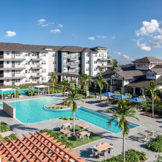 A beautiful resort featuring a spacious pool surrounded by palm trees, perfect for relaxation and leisure.