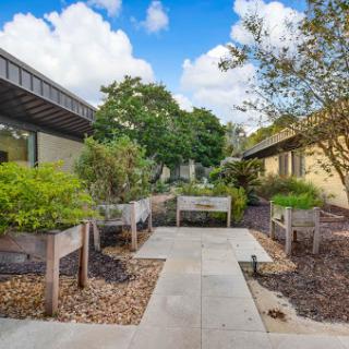 A serene garden pathway surrounded by lush plants and modern buildings.