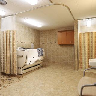 A view of a hospital bathroom equipped for patient care.