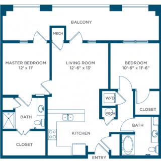 A floor plan of a two-bedroom apartment with labeled rooms, including bathrooms, a kitchen, living room, and a balcony.