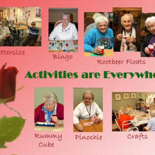 Elderly enjoying various social and recreational activities including bingo, knitting, crafts, and card games.