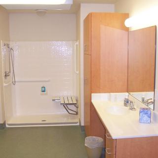 An accessible bathroom with a walk-in shower and handrails, alongside a sink with a large mirror and wooden cabinetry.