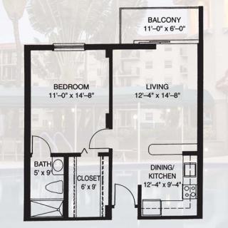One-bedroom apartment floor plan with designated living, dining, kitchen, and balcony areas.