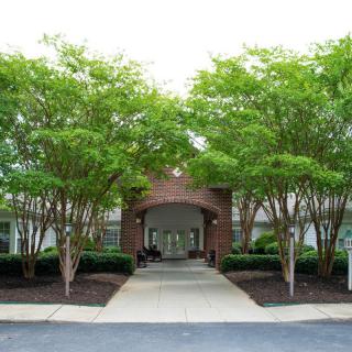 A symmetrical building entrance with a landscaped pathway flanked by trees.