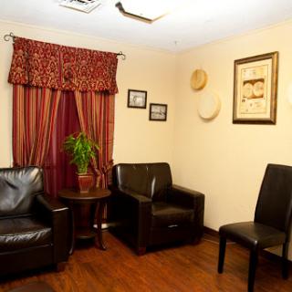 A cozy waiting room featuring stylish black chairs, a decorative plant, and art on the walls.