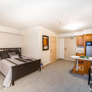 A cozy studio apartment featuring a bedroom area and kitchenette.