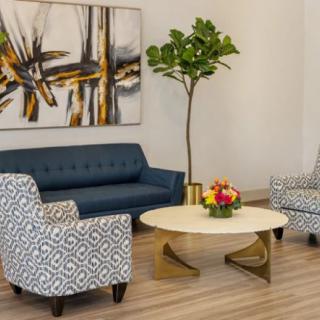A modern living room with a blue sofa, patterned armchairs, and a stylish coffee table accented by an indoor plant and abstract artwork.