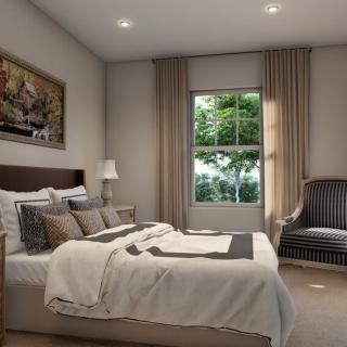 A modern and cozy bedroom with elegant decor and a large window.