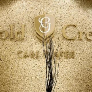 Logo and signage of a care home on a textured wall with decorative elements.