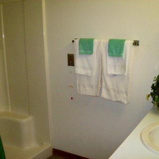 A clean bathroom with a shower and neatly hung towels.