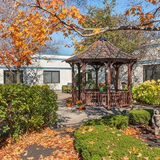 A serene garden with a wooden gazebo surrounded by colorful autumn foliage.