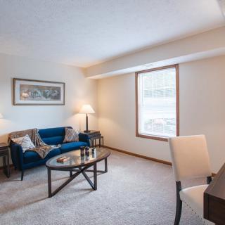 A cozy living room with a blue sofa, coffee table, and a large window letting in natural light.