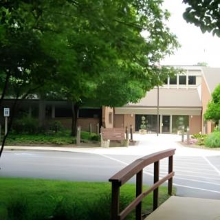 A view of a building surrounded by trees and greenery, with a small bridge leading to the entrance.