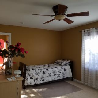 A cozy bedroom with a single bed, ceiling fan, and sunlight streaming through curtains.