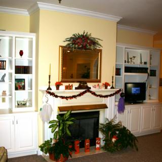 A cozy living room featuring a decorated fireplace, built-in shelves with various items, and plants enhancing the warm atmosphere.